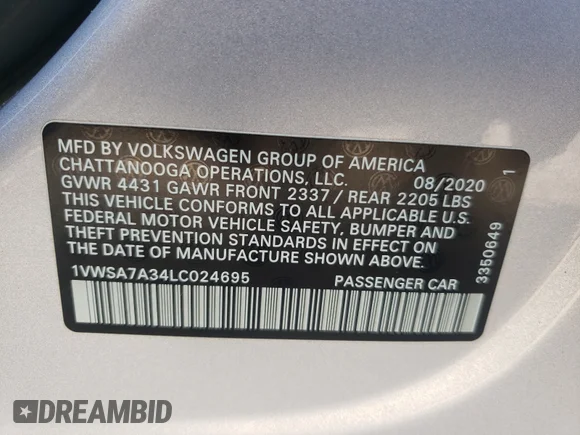 ✅ 2020 Volkswagen Passat SE • VIN: 1VWSA7A34LC024695 • Lot: 55373171. Wystawiony na Copart z przebiegiem 21 348 mil. Bezpłatny archiwum sprzedaży aukcyjnych z USA i szczegółowy raport historii pojazdu na DreamBid. Zdjęcie 10.