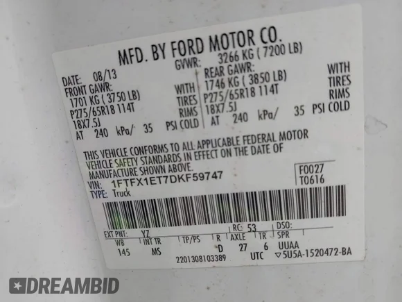 ✅ 2013 Ford F-150 XL • VIN: 1FTFX1ET7DKF59747 • Lot: 43162542. Wystawiony na IAAI z przebiegiem 180 996 mil. Bezpłatny archiwum sprzedaży aukcyjnych z USA i szczegółowy raport historii pojazdu na DreamBid. Zdjęcie 9.