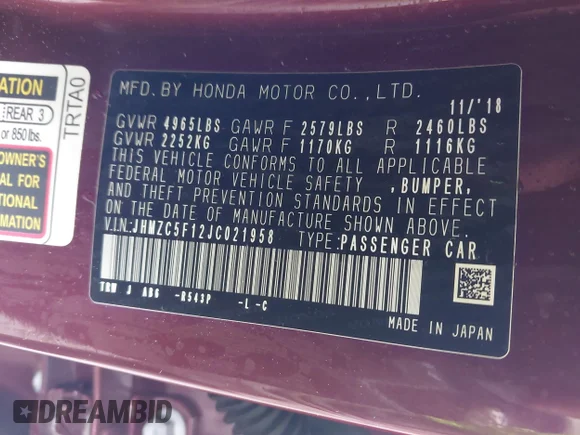✅ 2018 Honda Clarity • VIN: JHMZC5F12JC021958 • Lot: 42191071. Wystawiony na IAAI z przebiegiem 29 423 mil. Bezpłatny archiwum sprzedaży aukcyjnych z USA i szczegółowy raport historii pojazdu na DreamBid. Zdjęcie 9.