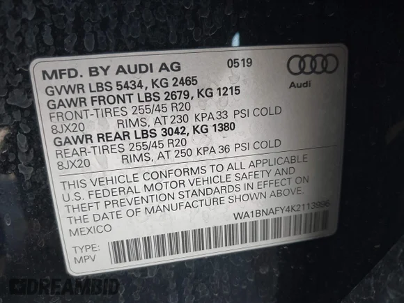 ✅ 2019 Audi Q5 Premium Plus • VIN: WA1BNAFY4K2113996 • Lot: 45205843. Wystawiony na IAAI z przebiegiem 59 888 mil. Bezpłatny archiwum sprzedaży aukcyjnych z USA i szczegółowy raport historii pojazdu na DreamBid. Zdjęcie 9.