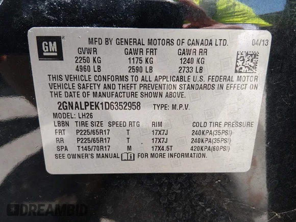 ✅ 2013 Chevrolet Equinox LT • VIN: 2GNALPEK1D6352958 • Лот: 45462936. Опубликован ранее на IAAI с пробегом 218 304 миль. Бесплатный доступ к архиву аукционных продаж из США и подробный отчёт об истории автомобиля на DreamBid. Изображение 9.