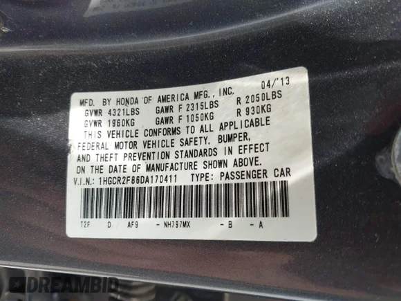 ✅ 2013 Honda Accord EX-L • VIN: 1HGCR2F86DA170411 • Lot: 45359556. Wystawiony na IAAI z przebiegiem 161 217 mil. Bezpłatny archiwum sprzedaży aukcyjnych z USA i szczegółowy raport historii pojazdu na DreamBid. Zdjęcie 9.