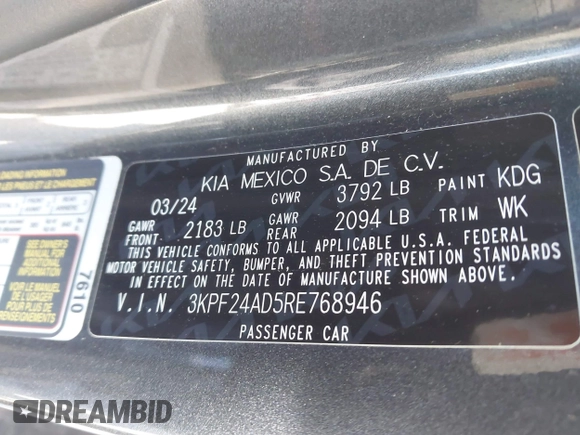 ✅ 2024 Kia Forte LXS • VIN: 3KPF24AD5RE768946 • Lot: 44244458. Wystawiony na IAAI z przebiegiem 60 647 mil. Bezpłatny archiwum sprzedaży aukcyjnych z USA i szczegółowy raport historii pojazdu na DreamBid. Zdjęcie 9.