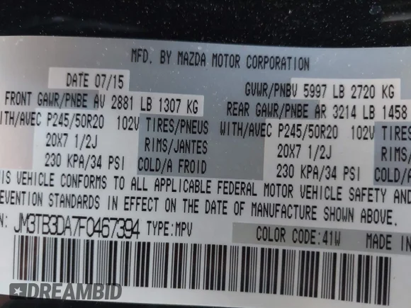 ✅ 2015 Mazda CX-9 Grand Touring • VIN: JM3TB3DA7F0467394 • Lot: 41749174. Wystawiony na IAAI z przebiegiem 189 097 mil. Bezpłatny archiwum sprzedaży aukcyjnych z USA i szczegółowy raport historii pojazdu na DreamBid. Zdjęcie 9.