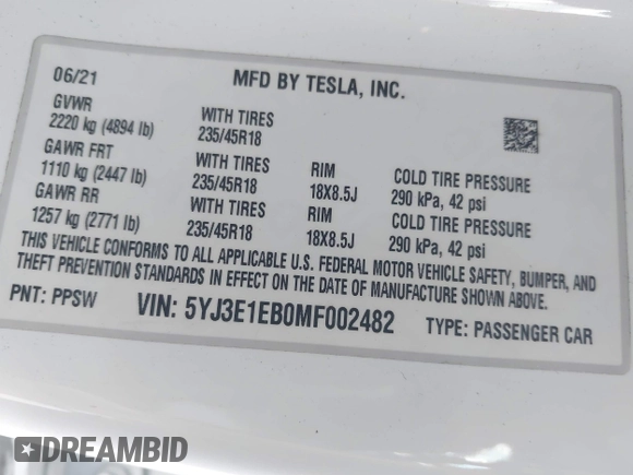 ✅ 2021 Tesla Model 3 Long Range • VIN: 5YJ3E1EB0MF002482 • Лот: 44895616. Опубліковано раніше на IAAI з пробігом 64 696 миль. Безкоштовний доступ до архіву аукціонних продажів зі США та докладний звіт про історію автомобіля на DreamBid. Зображення 9.
