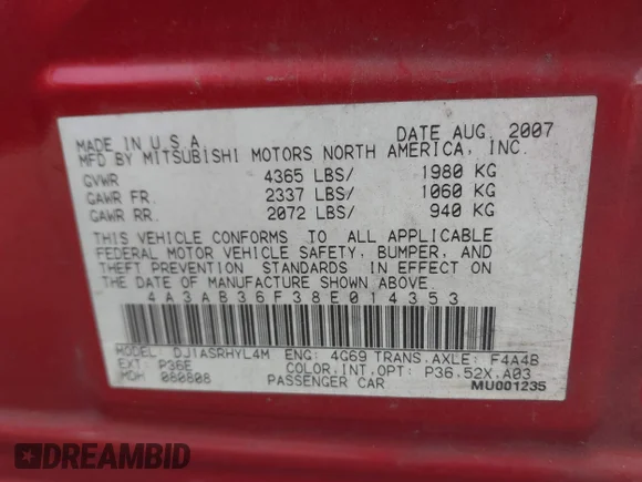 ✅ 2008 Mitsubishi Galant ES • VIN: 4A3AB36F38E014353 • Lot: 44523842. Wystawiony na IAAI z przebiegiem 188 696 mil. Bezpłatny archiwum sprzedaży aukcyjnych z USA i szczegółowy raport historii pojazdu na DreamBid. Zdjęcie 9.