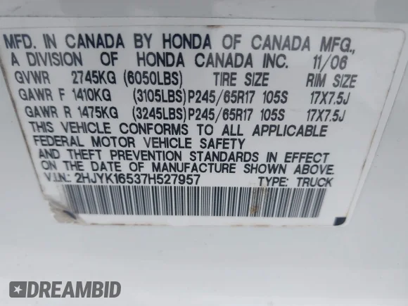 ✅ 2007 Honda Ridgeline RTL • VIN: 2HJYK16537H527957 • Лот: 42098143. Опубликован ранее на IAAI с пробегом 233 163 миль. Бесплатный доступ к архиву аукционных продаж из США и подробный отчёт об истории автомобиля на DreamBid. Изображение 9.