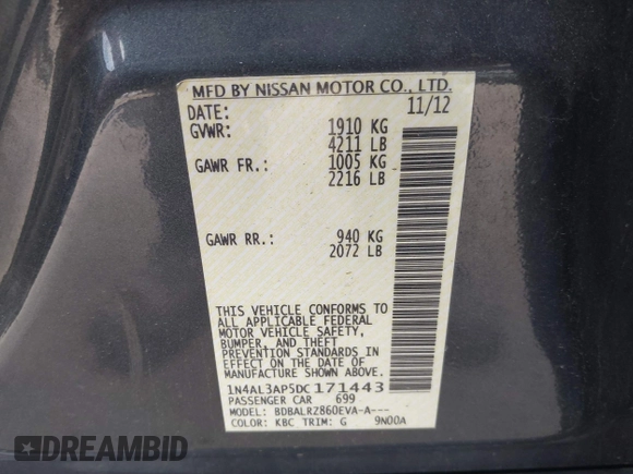 ✅ 2013 Nissan Altima SL • VIN: 1N4AL3AP5DC171443 • Lot: 45000874. Wystawiony na IAAI z przebiegiem 135 585 mil. Bezpłatny archiwum sprzedaży aukcyjnych z USA i szczegółowy raport historii pojazdu na DreamBid. Zdjęcie 9.
