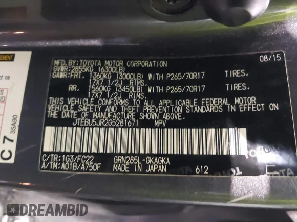 ✅ 2016 Toyota 4Runner Trail • VIN: JTEBU5JR2G5281671 • Lot: 45456074. Listed on IAAI with 144,915 mi. Free auction sales archive from the USA and detailed vehicle history report at DreamBid. Image 9.