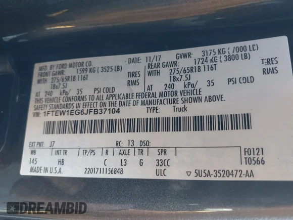 ✅ 2018 Ford F-150 XLT • VIN: 1FTEW1EG6JFB37104 • Lot: 43948048. Listed on IAAI with 156,038 mi. Free auction sales archive from the USA and detailed vehicle history report at DreamBid. Image 9.