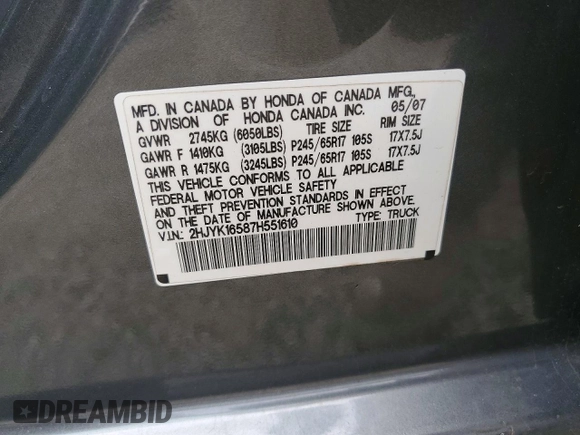 ✅ 2007 Honda Ridgeline RTL • VIN: 2HJYK16587H551610 • Лот: 49181226. Опубликован ранее на Copart с пробегом 212 034 миль. Бесплатный доступ к архиву аукционных продаж из США и подробный отчёт об истории автомобиля на DreamBid. Изображение 12.
