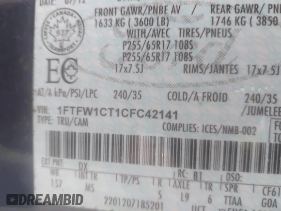 ✅ 2012 Ford F-150 FX2 • VIN: 1FTFW1CT1CFC42141 • Лот: 43393200. Опубліковано раніше на IAAI з пробігом 210 229 миль. Безкоштовний доступ до архіву аукціонних продажів зі США та докладний звіт про історію автомобіля на DreamBid. Зображення 9.