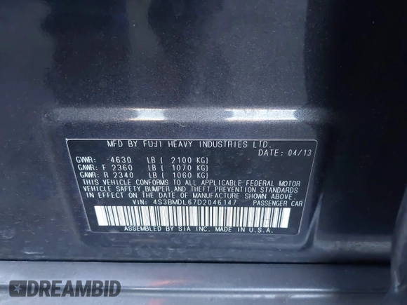✅ 2013 Subaru Legacy Limited • VIN: 4S3BMDL67D2046147 • Лот: 43836688. Опубликован ранее на IAAI с пробегом 54 056 миль. Бесплатный доступ к архиву аукционных продаж из США и подробный отчёт об истории автомобиля на DreamBid. Изображение 9.