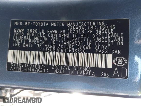 ✅ 2016 Toyota Corolla LE • VIN: 2T1BURHE6GC636598 • Lot: 43585269. Wystawiony na IAAI z przebiegiem 138 807 mil. Bezpłatny archiwum sprzedaży aukcyjnych z USA i szczegółowy raport historii pojazdu na DreamBid. Zdjęcie 9.