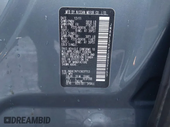 ✅ 2012 Nissan Quest LE • VIN: JN8AE2KP1C9037753 • Lot: 44024061. Wystawiony na IAAI z przebiegiem 186 107 mil. Bezpłatny archiwum sprzedaży aukcyjnych z USA i szczegółowy raport historii pojazdu na DreamBid. Zdjęcie 9.