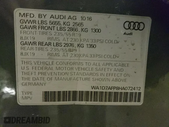 ✅ 2017 Audi Q5 Premium Plus • VIN: WA1D7AFP8HA072412 • Лот: 70025632. Опубліковано раніше на Copart з пробігом 63 735 миль. Безкоштовний доступ до архіву аукціонних продажів зі США та докладний звіт про історію автомобіля на DreamBid. Зображення 13.