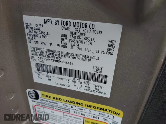 ✅ 2014 Ford F-150 XL • VIN: 1FTFW1CF0EKF46498 • Lot: 42936456. Listed on IAAI with 59,790 mi. Free auction sales archive from the USA and detailed vehicle history report at DreamBid. Image 9.