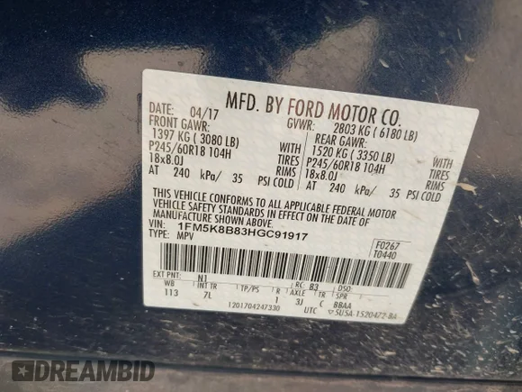 ✅ 2017 Ford Explorer • VIN: 1FM5K8B83HGC91917 • Лот: 45043770. Опубліковано раніше на IAAI з пробігом 55 835 миль. Безкоштовний доступ до архіву аукціонних продажів зі США та докладний звіт про історію автомобіля на DreamBid. Зображення 9.