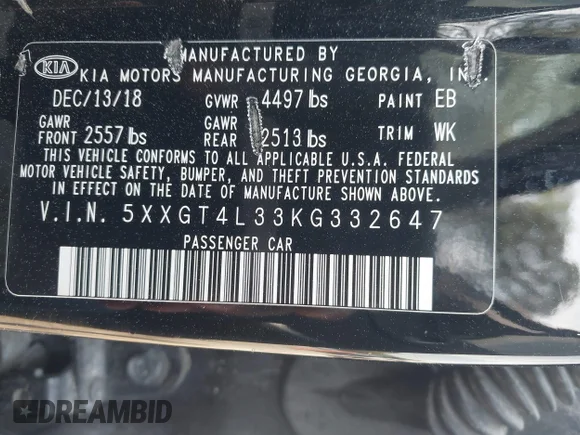 ✅ 2019 Kia Optima LX • VIN: 5XXGT4L33KG332647 • Lot: 44670065. Listed on IAAI with 155,507 mi. Free auction sales archive from the USA and detailed vehicle history report at DreamBid. Image 9.
