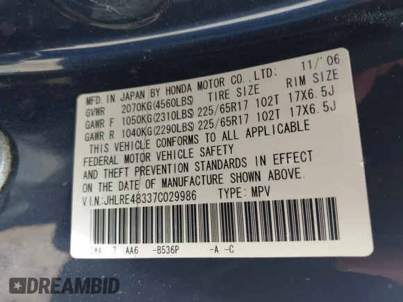 ✅ 2007 Honda CR-V LX • VIN: JHLRE48337C029986 • Lot: 45364221. Wystawiony na IAAI z przebiegiem 265 741 mil. Bezpłatny archiwum sprzedaży aukcyjnych z USA i szczegółowy raport historii pojazdu na DreamBid. Zdjęcie 9.