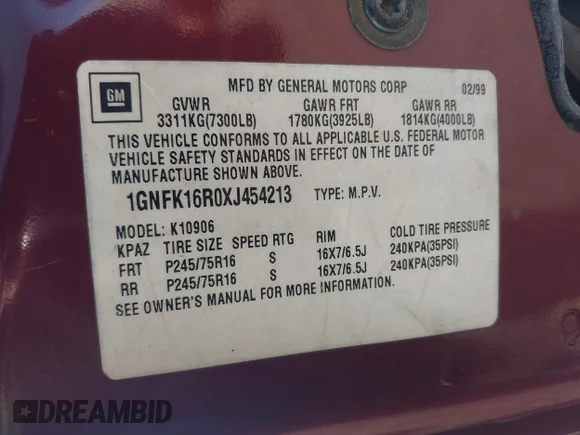 ✅ 1999 Chevrolet Suburban • VIN: 1GNFK16R0XJ454213 • Lot: 44119616. Wystawiony na IAAI z przebiegiem 336 549 mil. Bezpłatny archiwum sprzedaży aukcyjnych z USA i szczegółowy raport historii pojazdu na DreamBid. Zdjęcie 9.