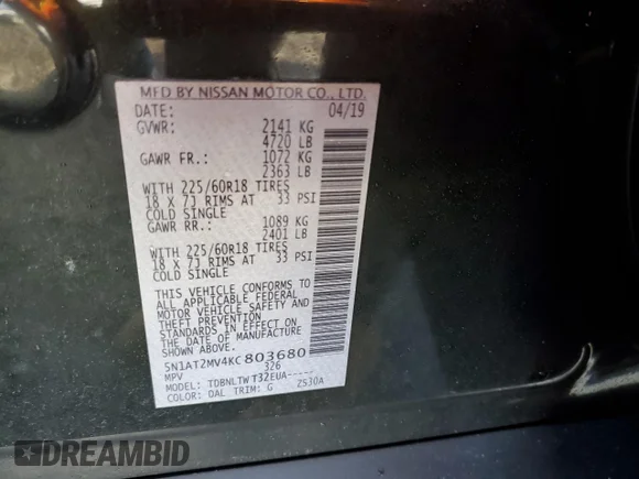 ✅ 2019 Nissan Rogue SL • VIN: 5N1AT2MV4KC803680 • Lot: 72971322. Wystawiony na Copart z przebiegiem Nie podano. Bezpłatny archiwum sprzedaży aukcyjnych z USA i szczegółowy raport historii pojazdu na DreamBid. Zdjęcie 14.
