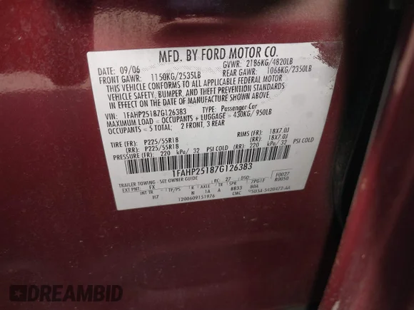 ✅ 2007 Ford Five Hundred Limited • VIN: 1FAHP25187G126383 • Lot: 42772743. Wystawiony na IAAI z przebiegiem 145 978 mil. Bezpłatny archiwum sprzedaży aukcyjnych z USA i szczegółowy raport historii pojazdu na DreamBid. Zdjęcie 9.