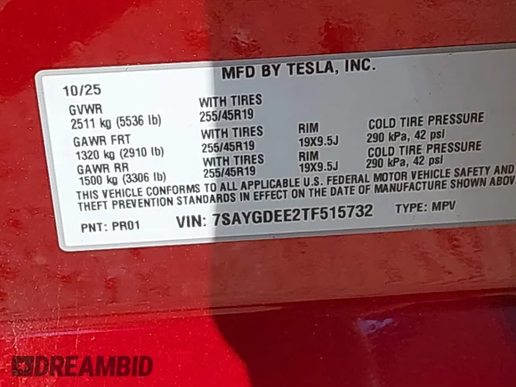 ✅ 2026 Tesla Model Y Long Range Launch Series • VIN: 7SAYGDEE2TF515732 • Lot: 45225176. Listed on IAAI with 5,730 mi. Free auction sales archive from the USA and detailed vehicle history report at DreamBid. Image 9.