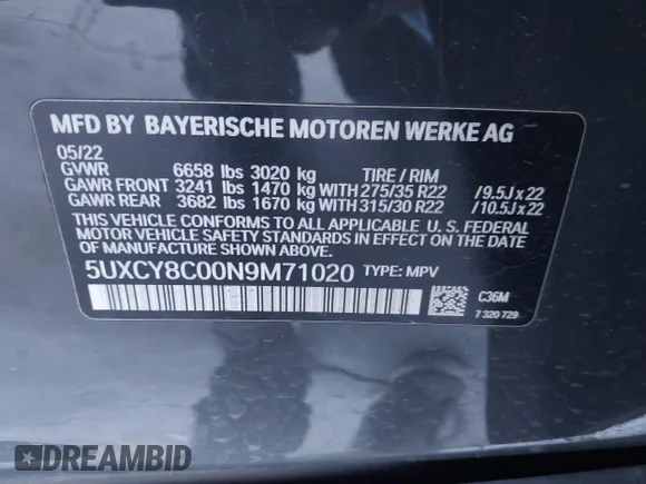 ✅ 2022 BMW X6 M50i • VIN: 5UXCY8C00N9M71020 • Lot: 43880829. Wystawiony na IAAI z przebiegiem 51 814 mil. Bezpłatny archiwum sprzedaży aukcyjnych z USA i szczegółowy raport historii pojazdu na DreamBid. Zdjęcie 9.