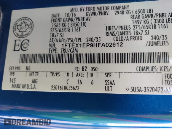 ✅ 2017 Ford F-150 XL • VIN: 1FTEX1EP9HFA02612 • Lot: 41748042. Wystawiony na IAAI z przebiegiem 78 859 mil. Bezpłatny archiwum sprzedaży aukcyjnych z USA i szczegółowy raport historii pojazdu na DreamBid. Zdjęcie 9.