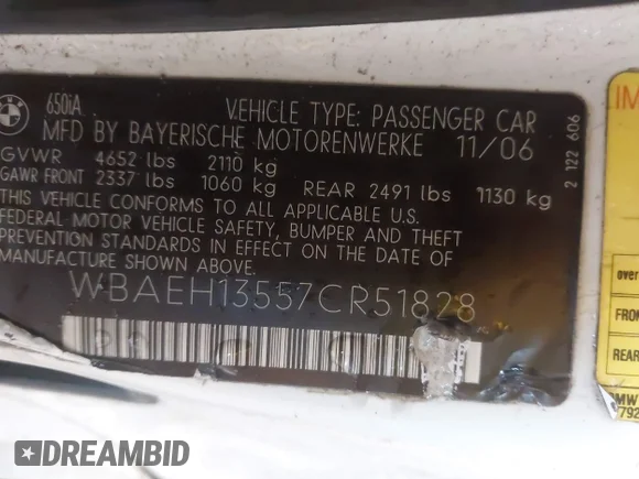 ✅ 2007 BMW 6 Series 650i • VIN: WBAEH13557CR51828 • Lot: 43984216. Wystawiony na IAAI z przebiegiem 102 474 mil. Bezpłatny archiwum sprzedaży aukcyjnych z USA i szczegółowy raport historii pojazdu na DreamBid. Zdjęcie 9.
