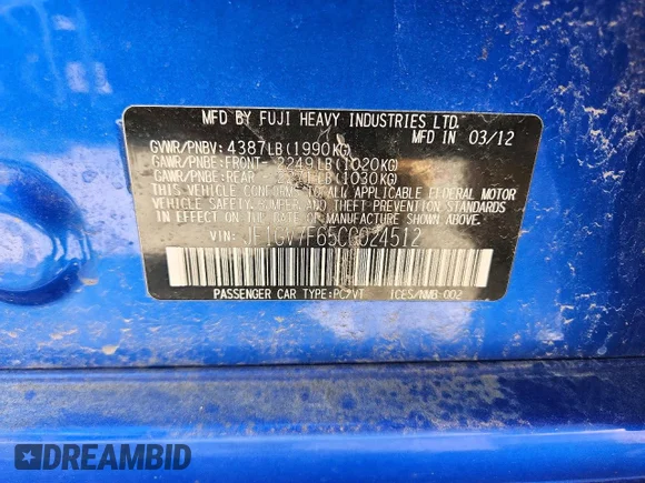 ✅ 2012 Subaru WRX WRX Premium • VIN: JF1GV7F65CG024512 • Lot: 45906436. Wystawiony na Copart z przebiegiem 138 141 mil. Bezpłatny archiwum sprzedaży aukcyjnych z USA i szczegółowy raport historii pojazdu na DreamBid. Zdjęcie 12.