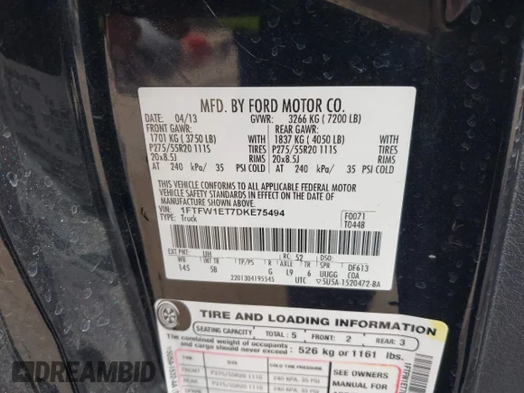 ✅ 2013 Ford F-150 Lariat • VIN: 1FTFW1ET7DKE75494 • Lot: 43763823. Wystawiony na IAAI z przebiegiem 335 687 mil. Bezpłatny archiwum sprzedaży aukcyjnych z USA i szczegółowy raport historii pojazdu na DreamBid. Zdjęcie 9.