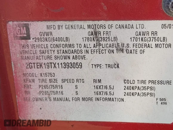 ✅ 2001 GMC Sierra 1500 SLE • VIN: 2GTEK19TX11393059 • Lot: 45334257. Listed on IAAI with Not provided. Free auction sales archive from the USA and detailed vehicle history report at DreamBid. Image 9.