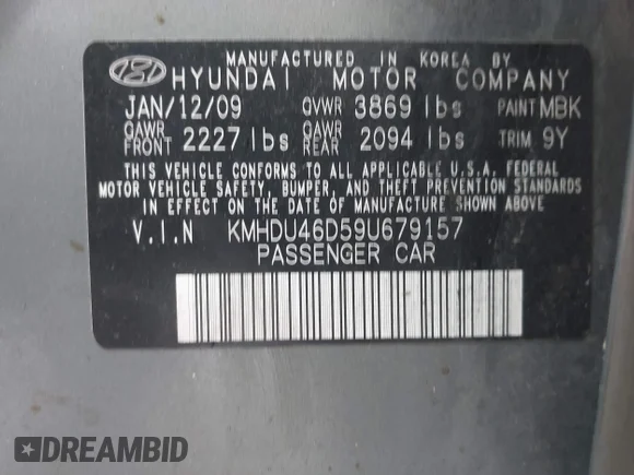✅ 2009 Hyundai Elantra GLS • VIN: KMHDU46D59U679157 • Lot: 45193891. Wystawiony na IAAI z przebiegiem 156 592 mil. Bezpłatny archiwum sprzedaży aukcyjnych z USA i szczegółowy raport historii pojazdu na DreamBid. Zdjęcie 9.