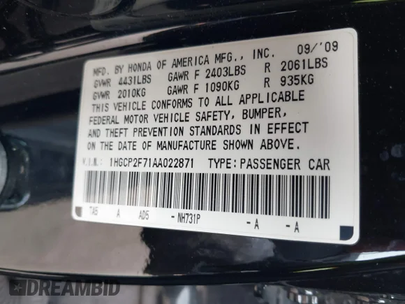 ✅ 2010 Honda Accord EX • VIN: 1HGCP2F71AA022871 • Lot: 44357279. Wystawiony na IAAI z przebiegiem 219 953 mil. Bezpłatny archiwum sprzedaży aukcyjnych z USA i szczegółowy raport historii pojazdu na DreamBid. Zdjęcie 9.