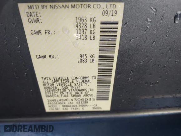 ✅ 2020 Nissan Altima S • VIN: 1N4BL4BV6LN306035 • Lot: 43999686. Wystawiony na IAAI z przebiegiem 75 921 mil. Bezpłatny archiwum sprzedaży aukcyjnych z USA i szczegółowy raport historii pojazdu na DreamBid. Zdjęcie 9.