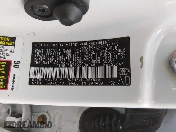 ✅ 2019 Toyota Corolla SE • VIN: 2T1BURHE7KC209648 • Lot: 44900226. Wystawiony na IAAI z przebiegiem 89 341 mil. Bezpłatny archiwum sprzedaży aukcyjnych z USA i szczegółowy raport historii pojazdu na DreamBid. Zdjęcie 9.
