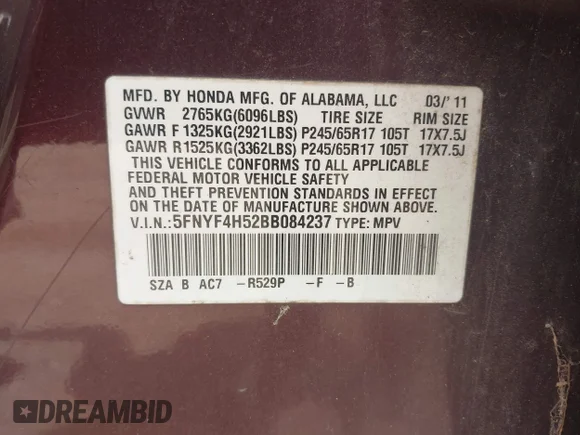 ✅ 2011 Honda Pilot EX-L • VIN: 5FNYF4H52BB084237 • Lot: 45383056. Listed on IAAI with 281,556 mi. Free auction sales archive from the USA and detailed vehicle history report at DreamBid. Image 9.