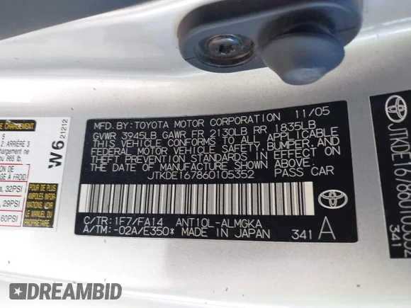 ✅ 2006 Scion tC • VIN: JTKDE167860105352 • Lot: 43267622. Wystawiony na IAAI z przebiegiem 168 485 mil. Bezpłatny archiwum sprzedaży aukcyjnych z USA i szczegółowy raport historii pojazdu na DreamBid. Zdjęcie 9.