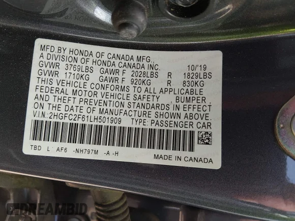 ✅ 2020 Honda Civic LX • VIN: 2HGFC2F61LH501909 • Lot: 44870351. Listed on IAAI with 70,616 mi. Free auction sales archive from the USA and detailed vehicle history report at DreamBid. Image 9.