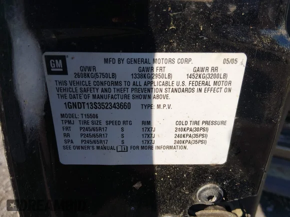 ✅ 2005 Chevrolet TrailBlazer LS • VIN: 1GNDT13S352343660 • Lot: 44630323. Wystawiony na IAAI z przebiegiem Nie podano. Bezpłatny archiwum sprzedaży aukcyjnych z USA i szczegółowy raport historii pojazdu na DreamBid. Zdjęcie 9.