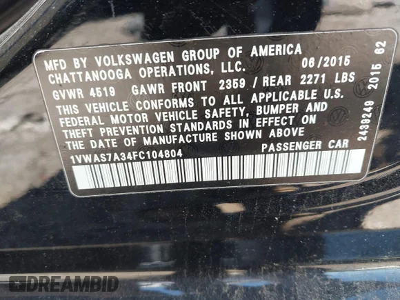 ✅ 2015 Volkswagen Passat S • VIN: 1VWAS7A34FC104804 • Lot: 45120914. Listed on IAAI with 105,468 mi. Free auction sales archive from the USA and detailed vehicle history report at DreamBid. Image 9.