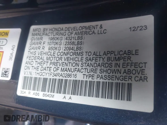 ✅ 2024 Honda Accord EX • VIN: 1HGCY1F34RA028616 • Lot: 44739052. Wystawiony na IAAI z przebiegiem 10 853 mil. Bezpłatny archiwum sprzedaży aukcyjnych z USA i szczegółowy raport historii pojazdu na DreamBid. Zdjęcie 9.