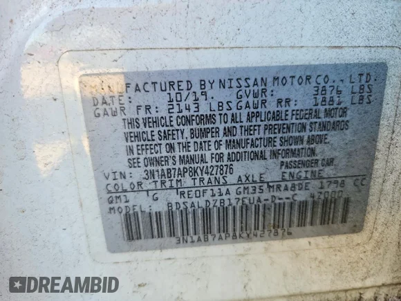 ✅ 2019 Nissan Sentra SV • VIN: 3N1AB7AP8KY427876 • Lot: 49175786. Listed on Copart with 151,759 mi. Free auction sales archive from the USA and detailed vehicle history report at DreamBid. Image 12.