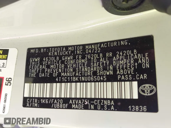 ✅ 2022 Toyota Camry LE • VIN: 4T1C11BK1NU065045 • Lot: 44293299. Wystawiony na IAAI z przebiegiem 26 795 mil. Bezpłatny archiwum sprzedaży aukcyjnych z USA i szczegółowy raport historii pojazdu na DreamBid. Zdjęcie 9.