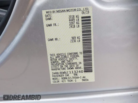 ✅ 2020 Nissan Altima SL • VIN: 1N4BL4EW6LC113240 • Lot: 44999718. Wystawiony na IAAI z przebiegiem 51 458 mil. Bezpłatny archiwum sprzedaży aukcyjnych z USA i szczegółowy raport historii pojazdu na DreamBid. Zdjęcie 9.