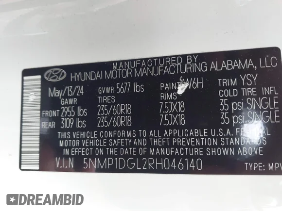 ✅ 2024 Hyundai Santa Fe SE • VIN: 5NMP1DGL2RH046140 • Lot: 45126131. Wystawiony na IAAI z przebiegiem 40 023 mil. Bezpłatny archiwum sprzedaży aukcyjnych z USA i szczegółowy raport historii pojazdu na DreamBid. Zdjęcie 9.