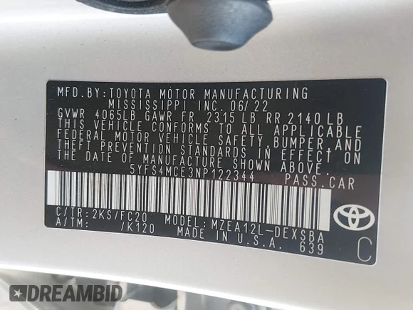 ✅ 2022 Toyota Corolla SE • VIN: 5YFS4MCE3NP122344 • Lot: 45085384. Wystawiony na IAAI z przebiegiem 131 124 mil. Bezpłatny archiwum sprzedaży aukcyjnych z USA i szczegółowy raport historii pojazdu na DreamBid. Zdjęcie 9.