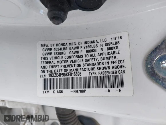 ✅ 2019 Honda Insight Touring • VIN: 19XZE4F96KE016896 • Lot: 41353389. Wystawiony na IAAI z przebiegiem 90 852 mil. Bezpłatny archiwum sprzedaży aukcyjnych z USA i szczegółowy raport historii pojazdu na DreamBid. Zdjęcie 9.